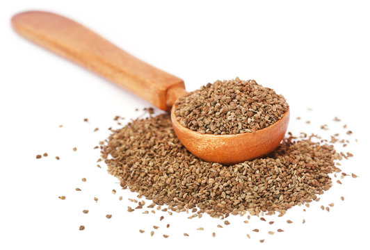 Ajwain seeds in a wooden spoon
