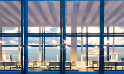 Front view meeting room modern skyscraper.Open space interior in evening time.Panoramic windows facade background, contemporary business center.Empty coworking room. Horizontal,flares. 3d rendering