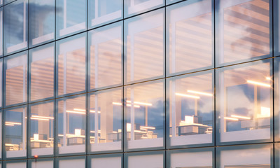 View of modern skyscraper. Modern office interior in night time. Panoramic windows facade background, contemporary business center. Empty meeting room. Real horizontal mockup,flares. 3d rendering
