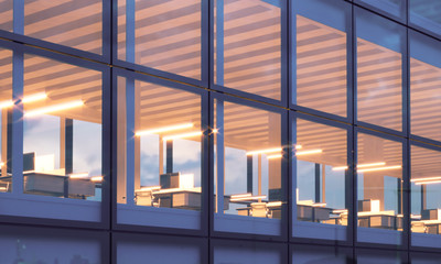Closeup photo of skyscraper tower.High floor office, interior in evening time. Panoramic windows facade background, contemporary business center. Empty meeting room.Horizontal,flares. 3d rendering