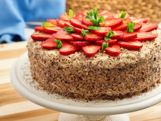 Homemade chocolate cake with strawberries. Horizontal shot. Close up.