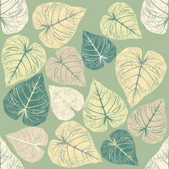 Endless pattern with stylish leaves on green background