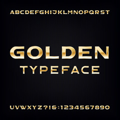 Golden Alphabet Vector Font. Modern metallic bold letters and numbers on the dark background. Stock vector typeface for your design.