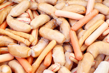 stale frankfurter and sausages. a lot of sausages with mold. top view 