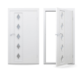 Fototapeta premium Open and closed door isolated on white background. 3d rendering. Door with decorative elements, with glass inserts.