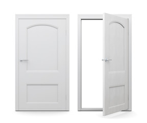 Open and closed doors isolated on white background. 3d rendering.