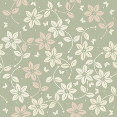 Fototapeta premium Spring seamless pattern with flowers and butterflies on green ba