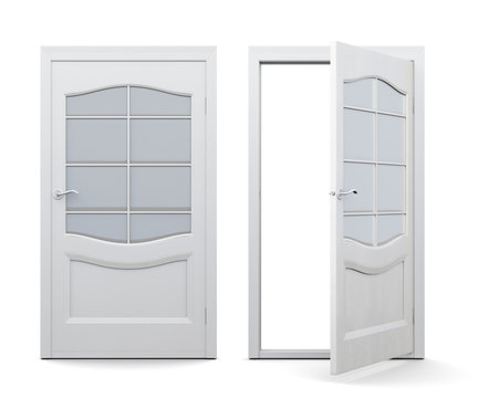 Open and closed door isolated on white background. 3d render image. Door with decorative elements, with glass inserts.