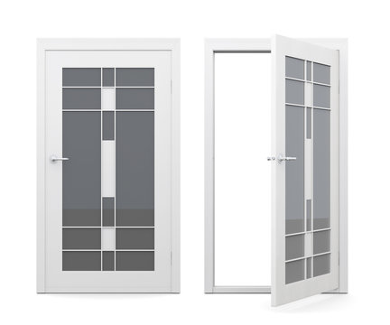 Open and closed glass doors isolated on white background. 3d rendering.
