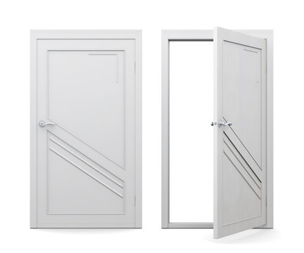 Open and closed white door isolated on white background. 3d rendering.
