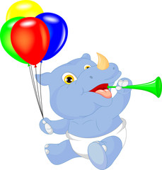 cute baby rhino cartoon holding balloon