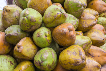 Green Coconuts at a Market Stand