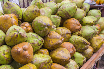 Green Coconuts at a Market Stand