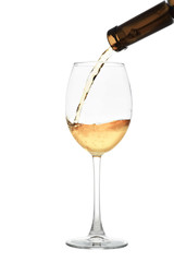 White wine pouring out of the bottle  isolated on white