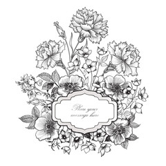 Floral frame background. Flower bouquet vintage cover. Flourish greeting card