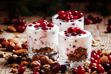 Sweet dessert with cranberries, yogurt, cereal, oatmeal and nuts