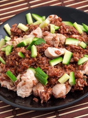 Stew of brown wild rice, and chicken with fresh cucumbers