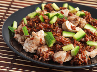 Stew of brown wild rice, and chicken with fresh cucumbers. Horizontal shot