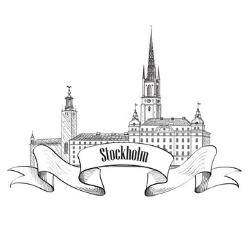 Stockholm Landmark label isolated. Travel Sweden symbol. Stockholm City Skyline