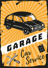 Garage. Vintage poster with a retro car.