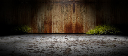 Fondo abstracto,suelo de cemento y pared de la calle en la oscuridad.Ladrillos y hormigon. © C.Castilla