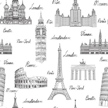 Travel seamless pattern. Vacation in Europe background. Famous  word landmarks
