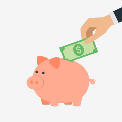 Vector saving money concept,hand put money into piggy bank