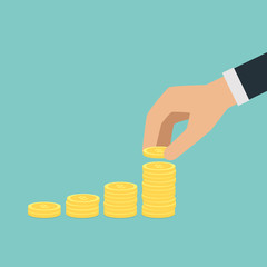Vector saving money concept,hand put coin to stack of coins