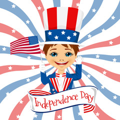 little boy celebrating united states of america independence day wearing a uncle sam costume holding a national flag