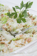 salad of tuna with Rice in a bowl of glas