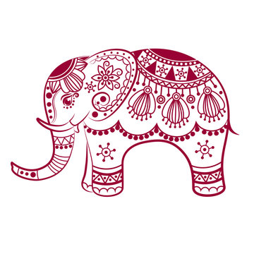 Abstract Indian elephant. Carved elephant. Stylized fantasy patterned elephant. Hand drawn vector illustration with traditional oriental floral elements.