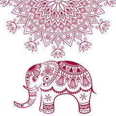 Abstract Indian elephant with mandala. Carved elephant. Stylized fantasy patterned elephant. Hand drawn vector illustration with traditional oriental floral elements.