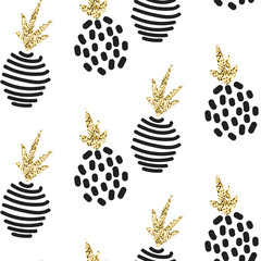 Glitter scandinavian abstract pineapple ornament. Vector white gold seamless pattern collection. Modern shimmer details stylish texture. - obrazy, fototapety, plakaty