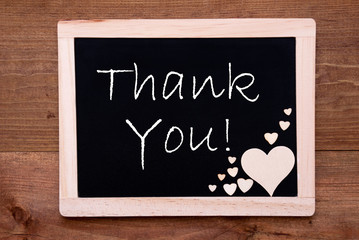 Blackboard With Wooden Hearts, Text Thank You