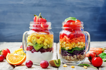 homemade rainbow salads with vegetables, quinoa, Greek yogurt an