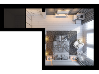 3d render of bedroom interior design in a contemporary style. Interior displayed in the polygon mesh