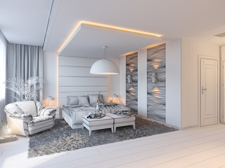 3d render of bedroom interior design in a contemporary style. Interior displayed in the polygon mesh