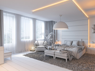 3d render of bedroom interior design in a contemporary style. Interior displayed in the polygon mesh