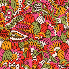 Fototapeta na wymiar Hand drawn seamless pattern with floral elements. Colorful ethnic background. Pattern can be used for fabric, wallpaper or wrapping