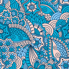 Hand drawn seamless pattern with floral elements. Colorful ethnic background. Pattern can be used for fabric, wallpaper or wrapping