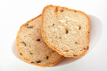 Slices of homemade bread isolated on white background