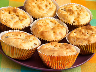 Savory muffins with ham, cheese and boiled eggs. Horizontal shot