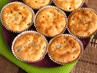 Savory muffins with ham, cheese and boiled eggs. Horizontal view, shot from above