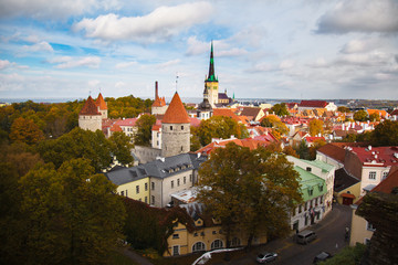 Obraz premium Top view on historic centre of Tallinn, Estonia. Red roofs of the old houses of the European city Tallinn. The ancient architecture. Roof with wings.