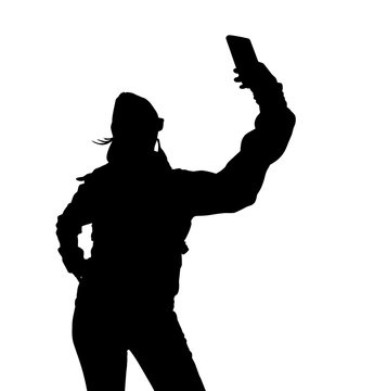 Sports selfies woman silhouette, black backlight isolated on white background.