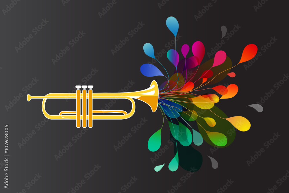 Wall mural gold trumpet with abstract colorful flowers on dark background.