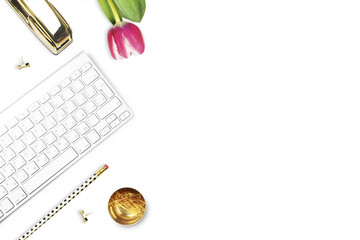 Office desk and woman objects on white table. Flat lay. Tulip , gold stapler, pencil. Table view....