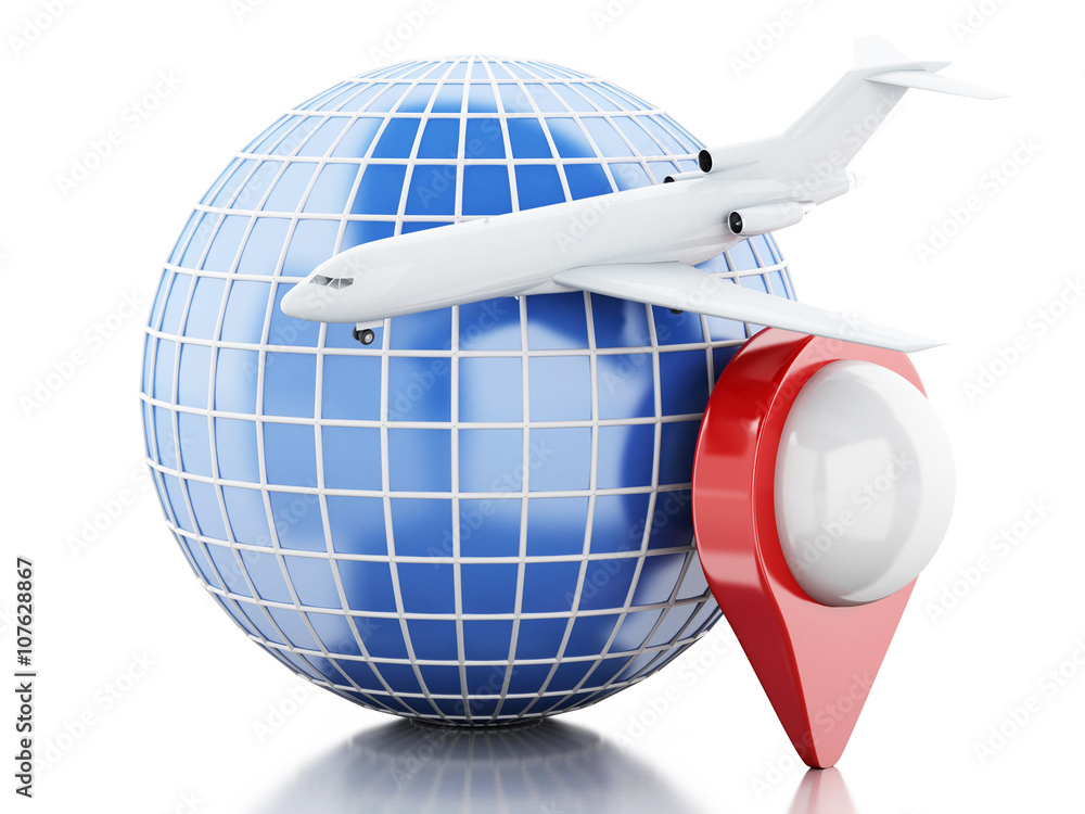 Aufkleber 3d globe airplane and map pointer