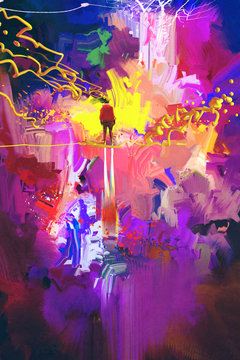 man standing in abstract colorful place,illustration painting
