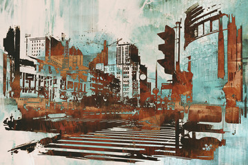 Fototapety  miejski pejzaż miejski z abstrakcyjnym grunge, malarstwo ilustracyjne